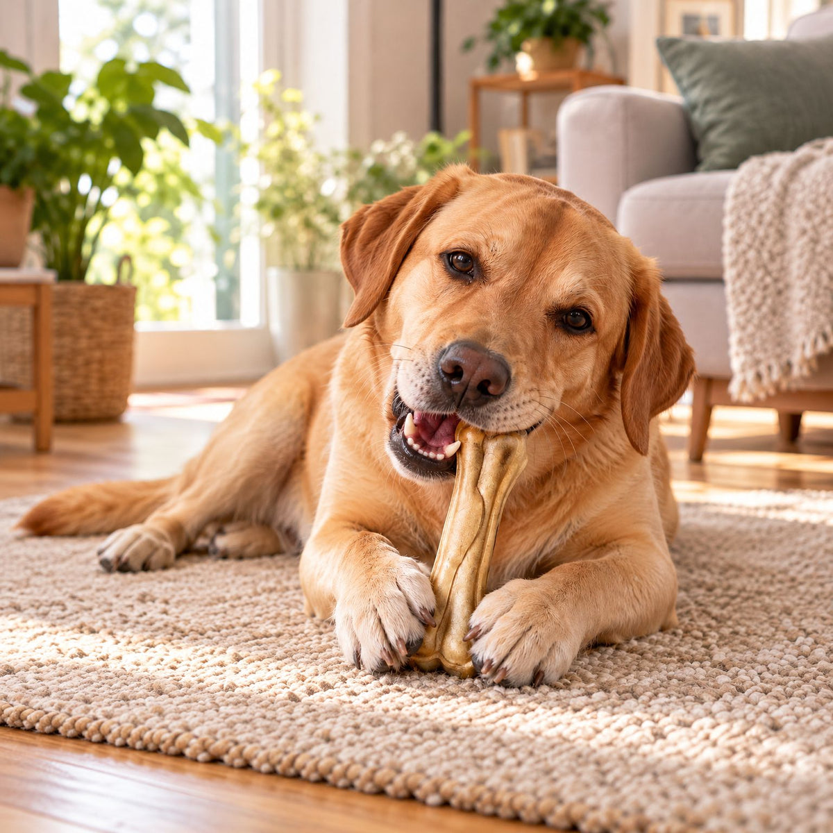 Labrador kaut einen Büffelhautknochen auf dem Wohnzimmerteppich – langlebiger Kausnack für Hunde