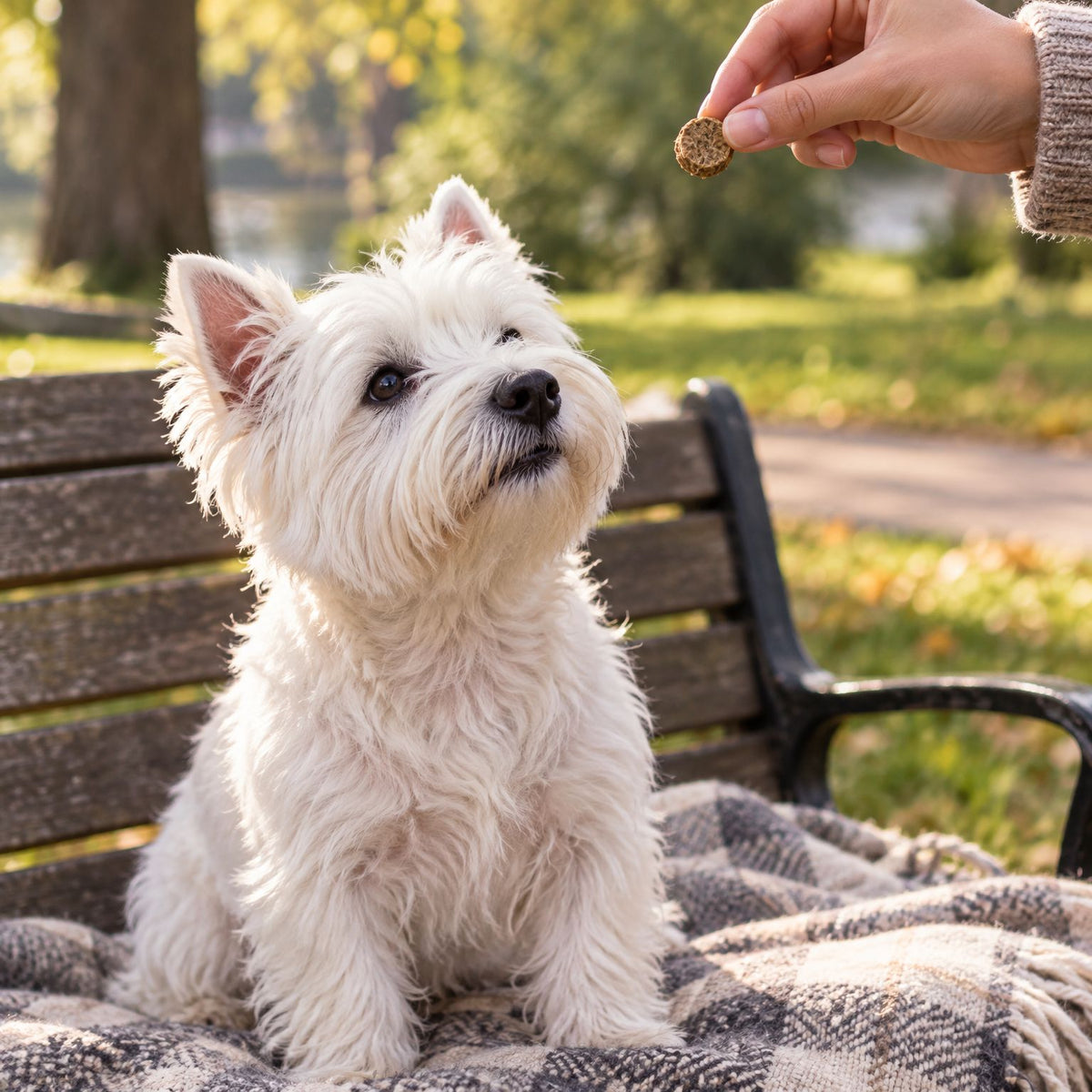 West Highland White Terrier bekommt im Park einen Dorsch-Taler mini als Belohnung aus der Hand