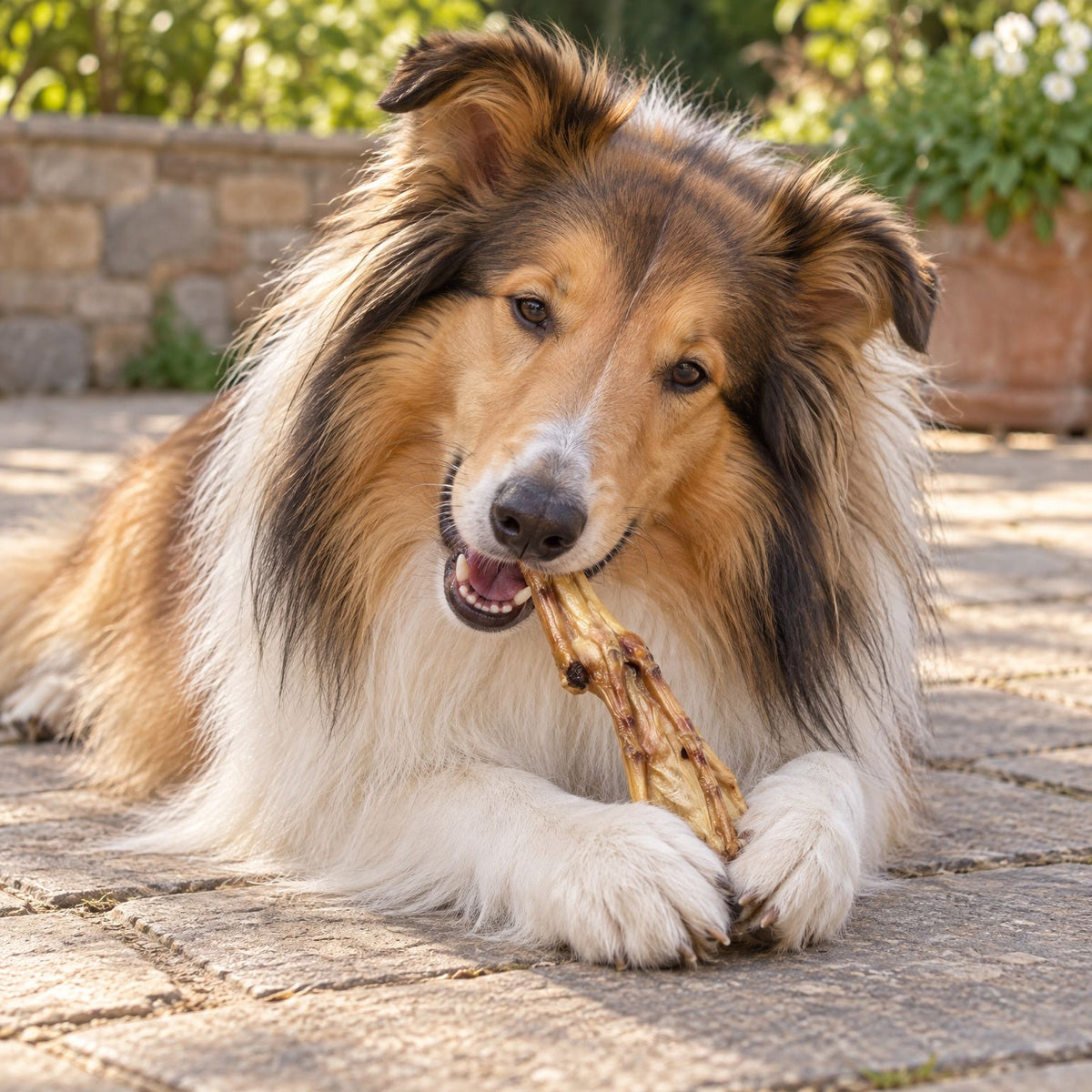 Langhaar-Collie kaut einen getrockneten Enten-Fuß auf einer Terrasse mit Steinplatten – naturbelassener Kausnack