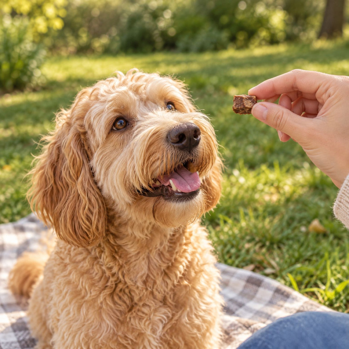 Golden Doodle bekommt auf der Picknickdecke einen Fasan-Fleisch-Würfel als Belohnung aus der Hand