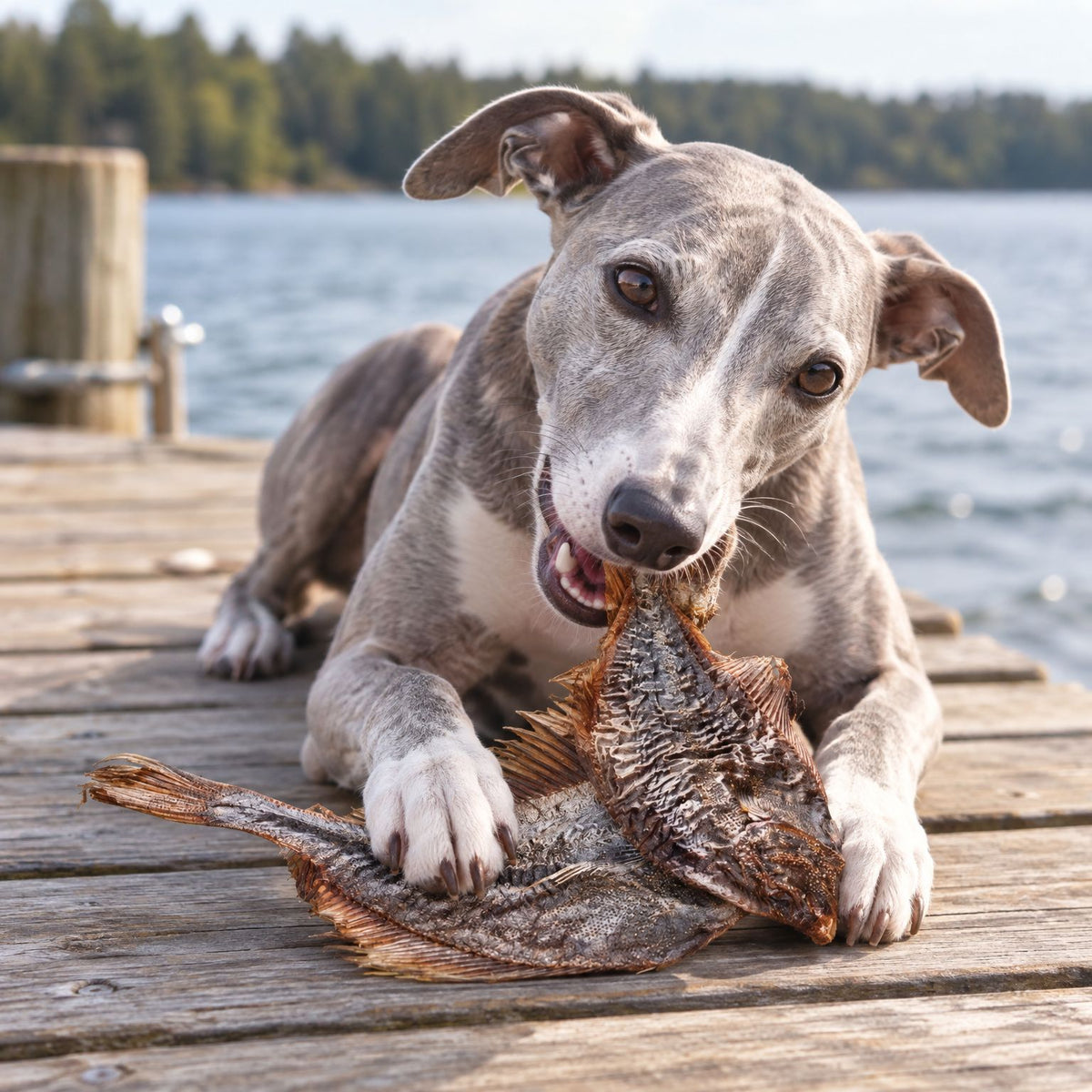 Whippet kaut auf einem Bootssteg am See eine getrocknete Flunder – naturbelassener Fischsnack für Hunde