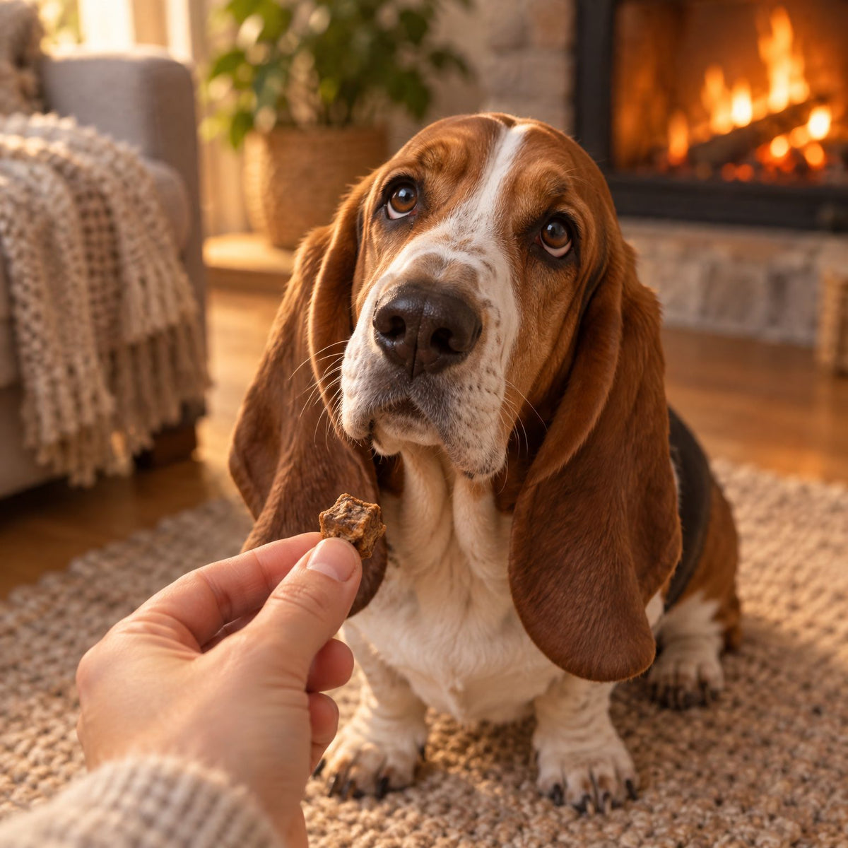 Basset Hound bekommt vor dem Kamin einen Flunder-Taler mini als Belohnung aus der Hand