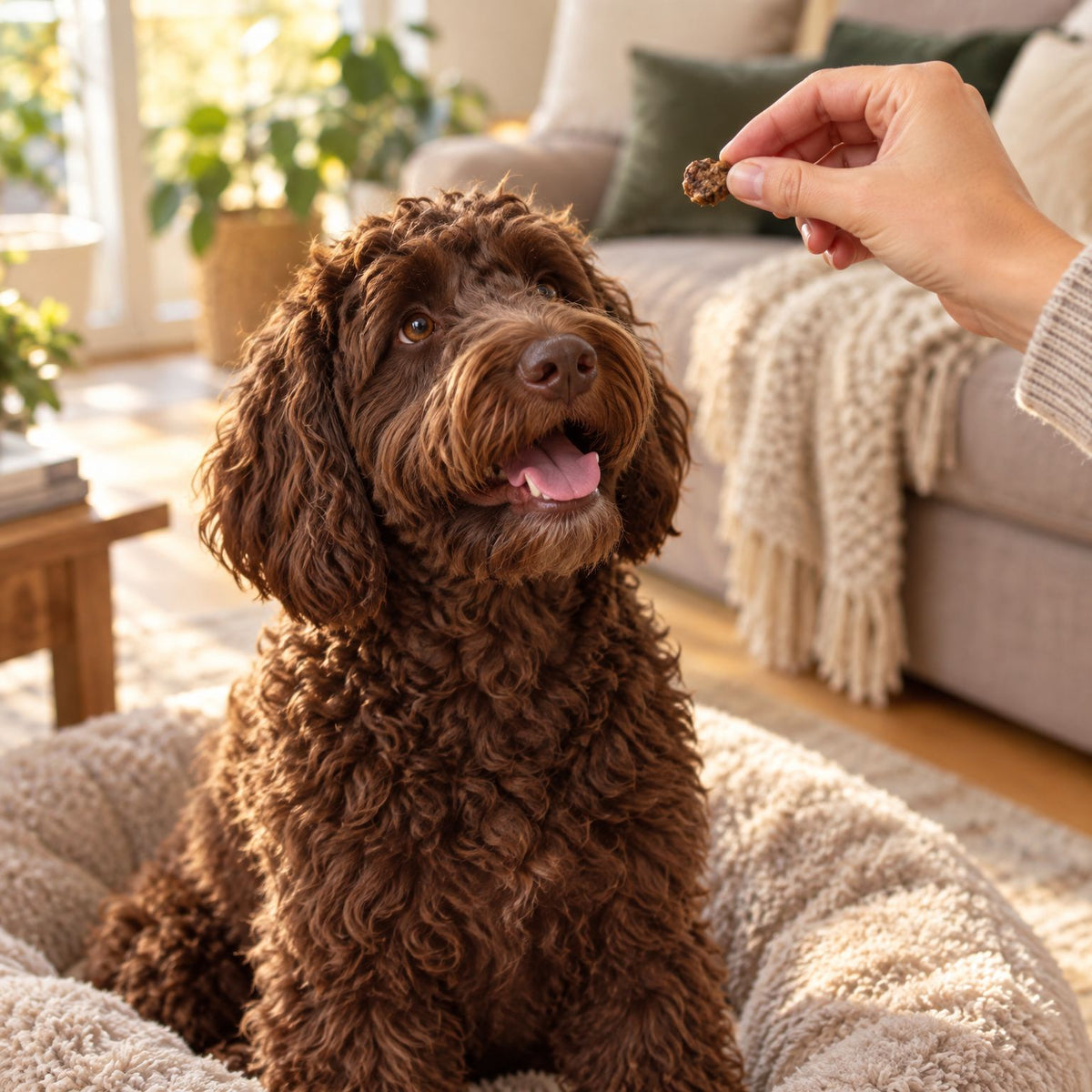 Labradoodle bekommt auf dem Hundebett einen Forelle-Taler mini als Belohnung aus der Hand