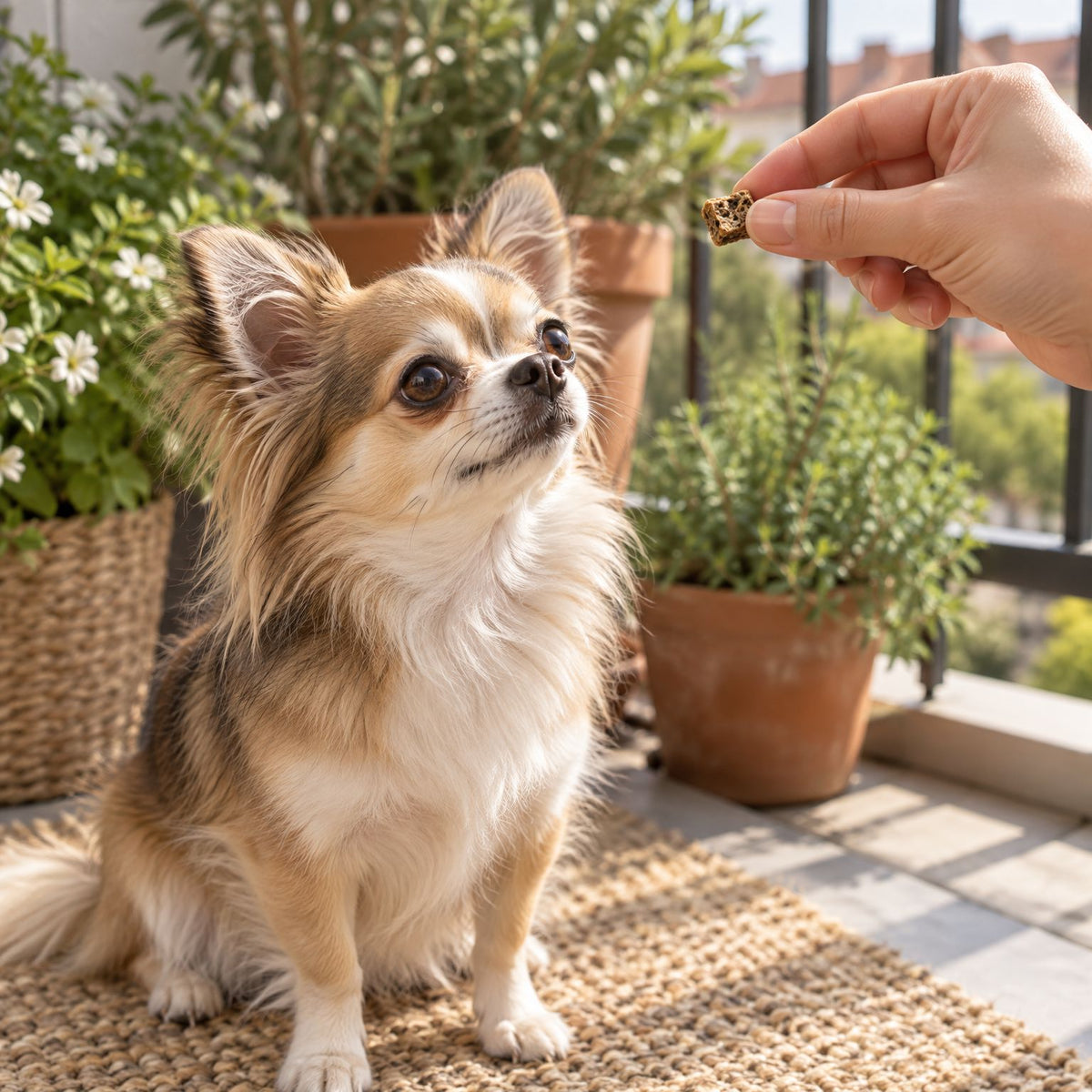 Langhaar-Chihuahua bekommt auf dem Balkon einen Forellen-Würfel mini als Belohnung aus der Hand