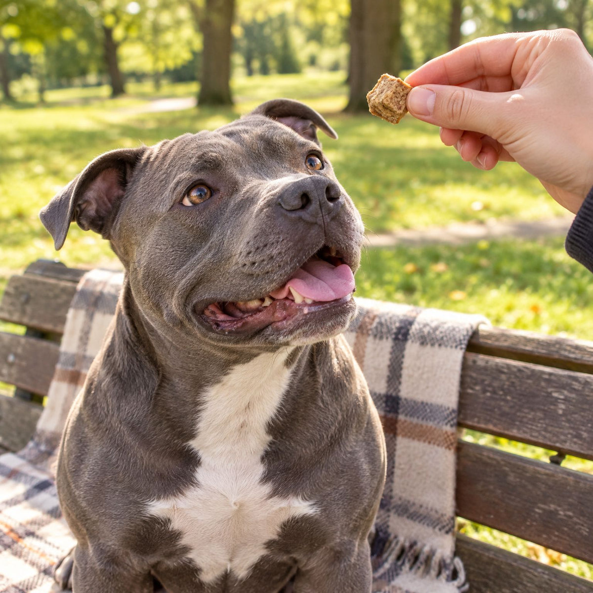 Staffordshire Bull Terrier in Blau bekommt im Park einen Gänse-Fleisch-Würfel als Belohnung aus der Hand