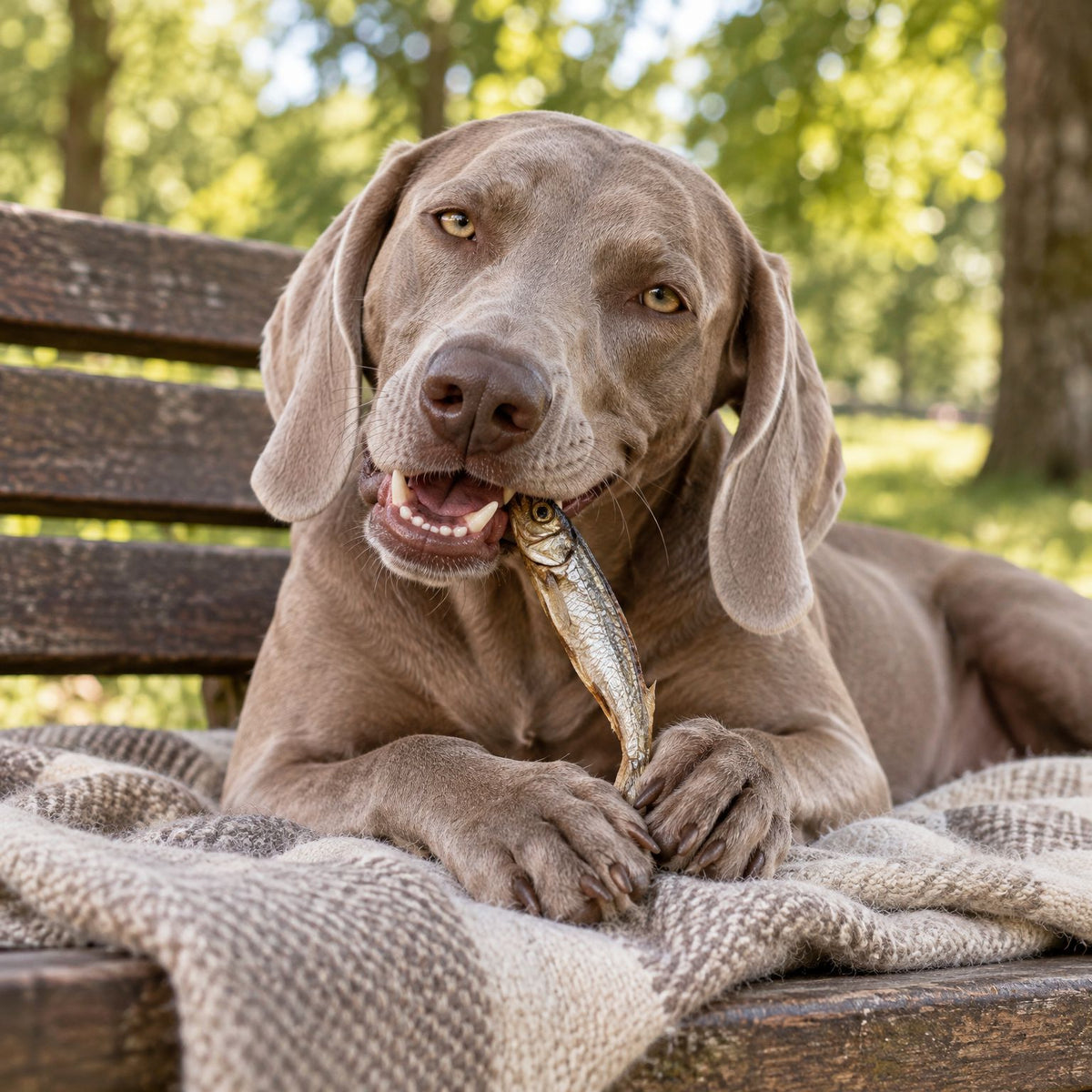 Weimaraner kaut einen getrockneten Hering im Park auf einer Decke auf der Bank – fettarmer Fisch-Kausnack