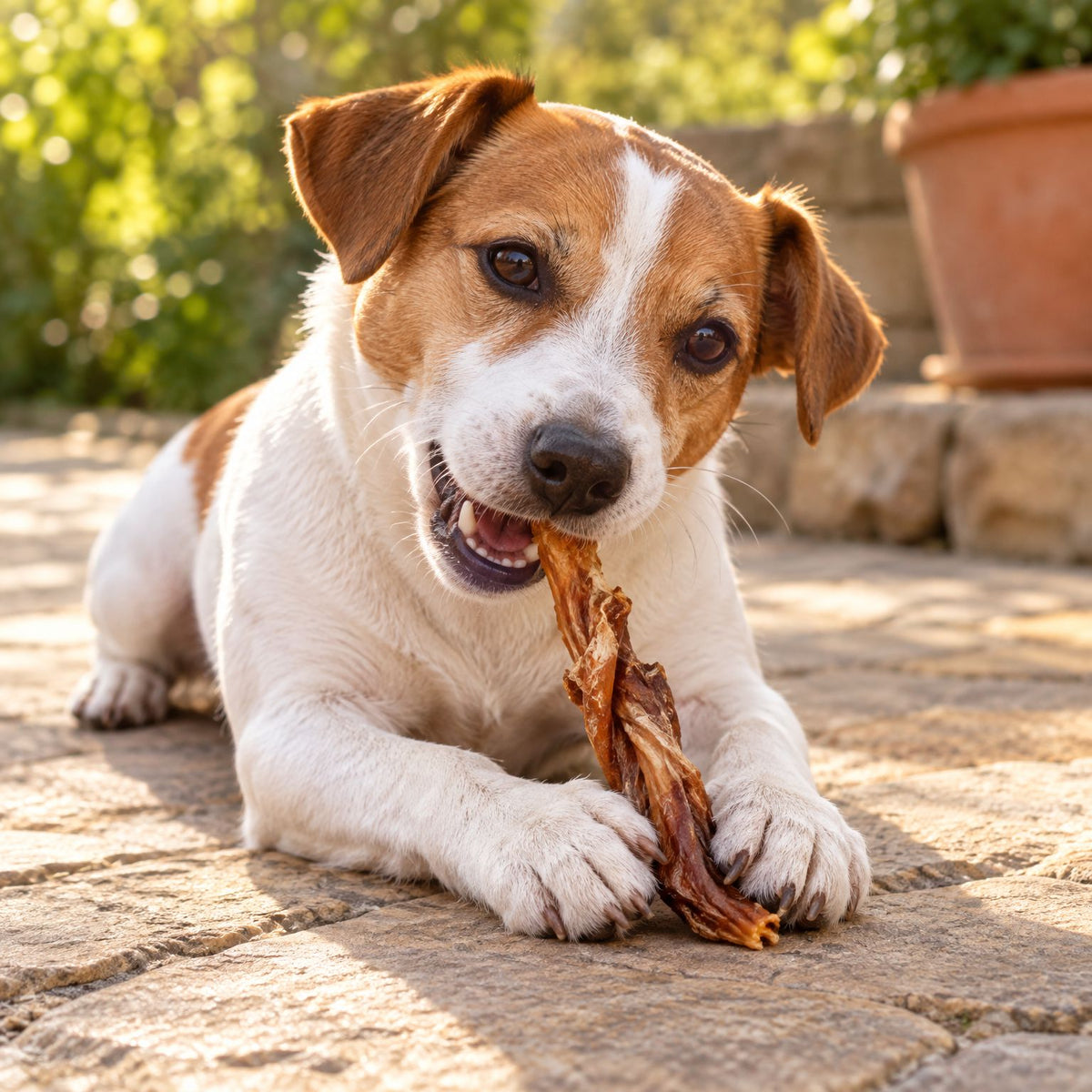 Jack Russell Terrier kaut eine Hirsch-Achillessehne auf einer Terrasse mit Steinplatten im Sonnenlicht