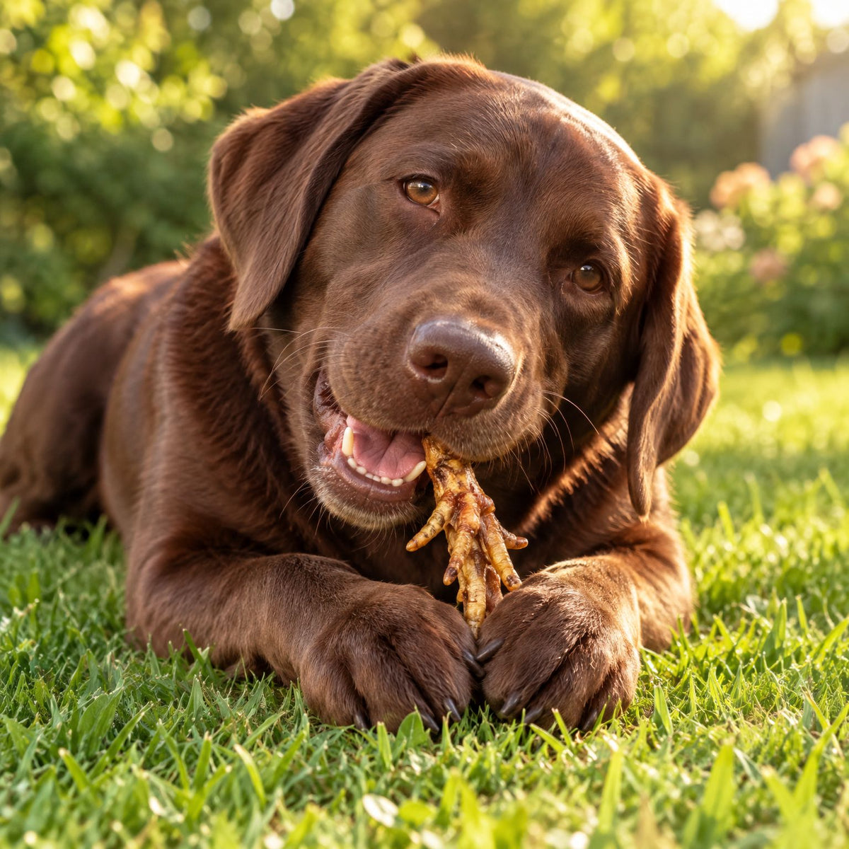 Schokobrauner Labrador kaut auf der Gartenwiese einen getrockneten Hühnerfuß – natürlicher Kausnack