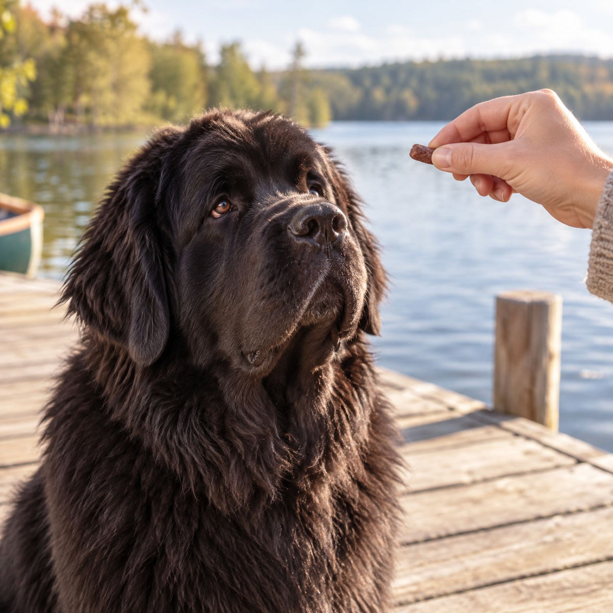 Neufundländer bekommt auf einem Bootssteg am See einen Hühner-Trainingssnack als Belohnung aus der Hand