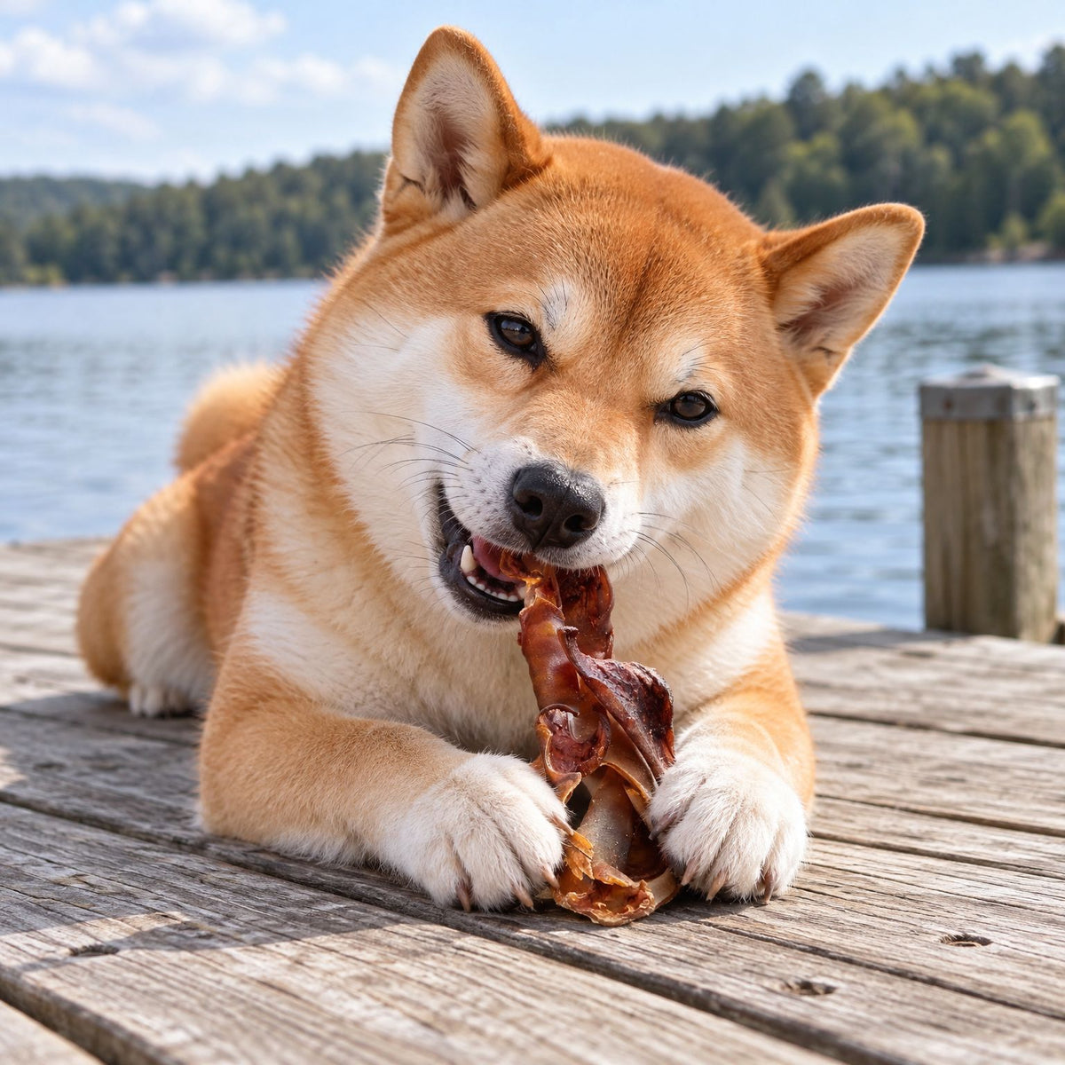 Shiba Inu kaut ein Stück getrocknete Kamel-Kopfhaut auf einem Bootssteg am See