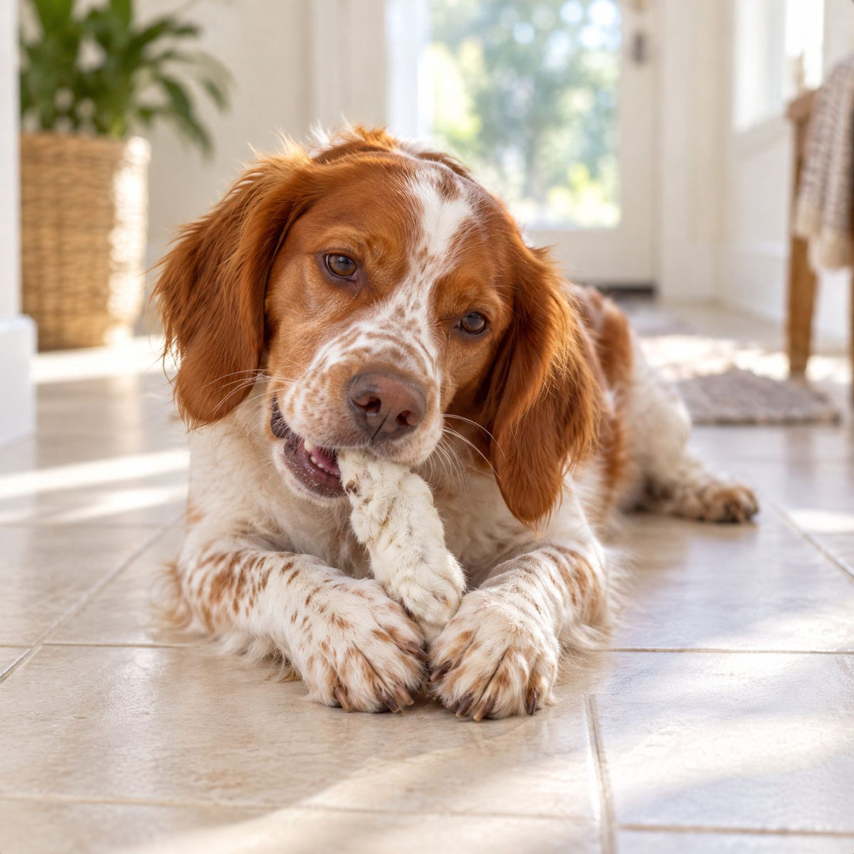 Bretonischer Spaniel liegt im hellen Flur auf Fliesen und kaut genüsslich an einer Kaninchen-Pfote mit Fell
