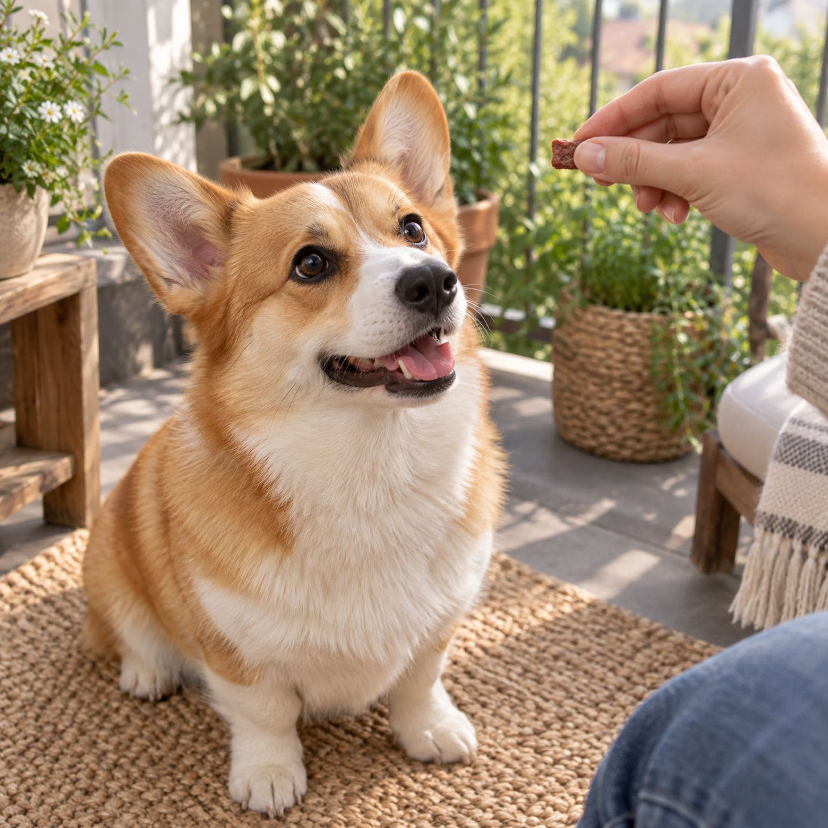 Pembroke Welsh Corgi bekommt auf dem Balkon mit Pflanzen einen Lachs Trainingssnack aus der Hand