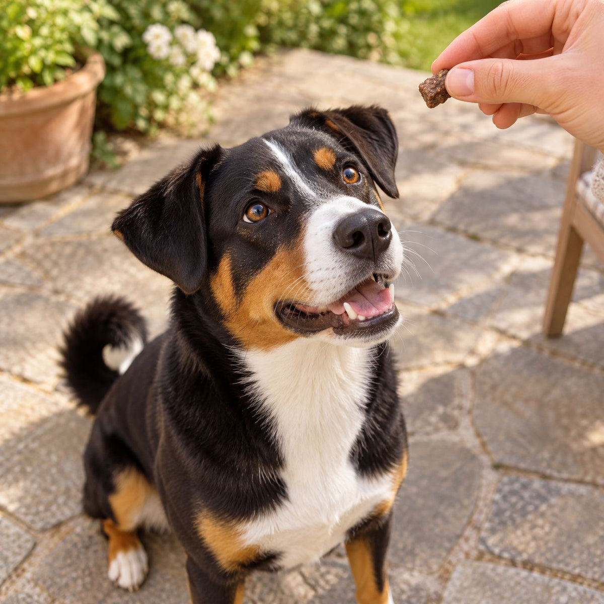 Appenzeller Sennenhund bekommt auf der Terrasse mit Steinplatten einen Puten-Fleisch-Würfel mini als Belohnung