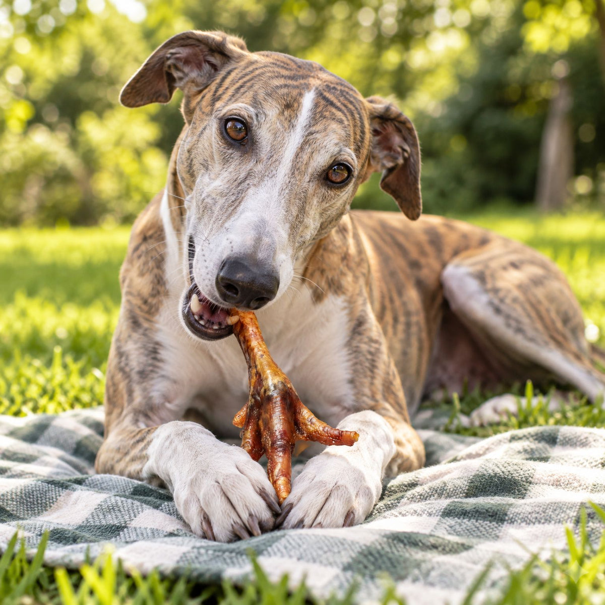 Galgo Español kaut einen getrockneten Puten-Fuß auf einer Picknickdecke im Grünen – harter Kausnack