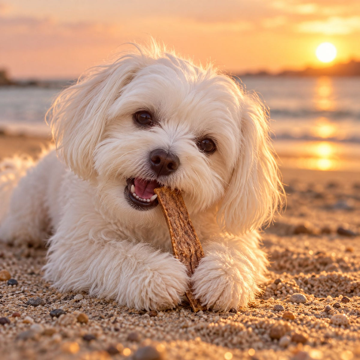 Malteser kaut einen Ziegen-Fleischstreifen am Strand im weichen Abendlicht – Hundesnack aus 100 % Ziege